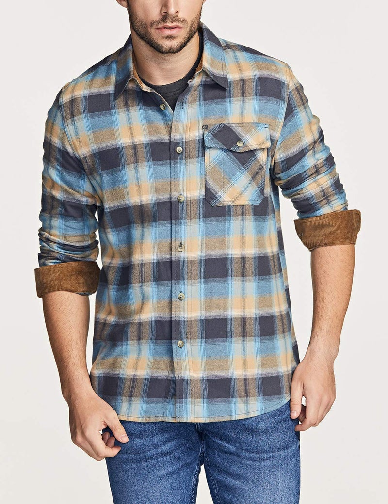 CQR Men's 100% All Cotton Button Down Flannel Shirts, Long Sleeve Brushed Warm Soft Casual Outdoor Plaid Shirt, Plaid Ocean Sand, Large - Image 3